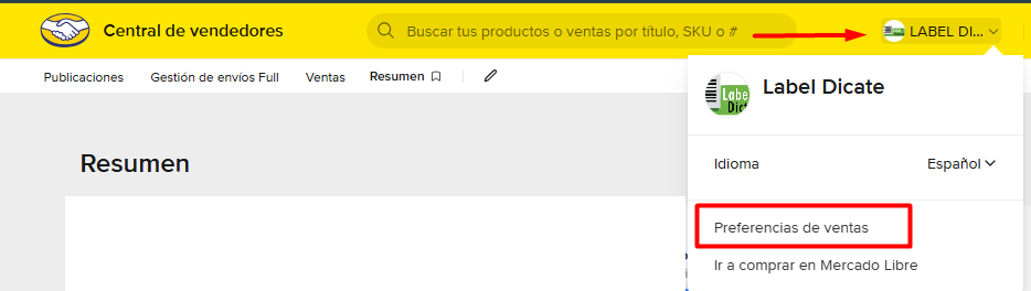Menú lateral del Centro de Vendedores: Preferencias de venta