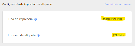 Configuración de impresión de etiquetas: Tipo de impresora y Formato de etiqueta