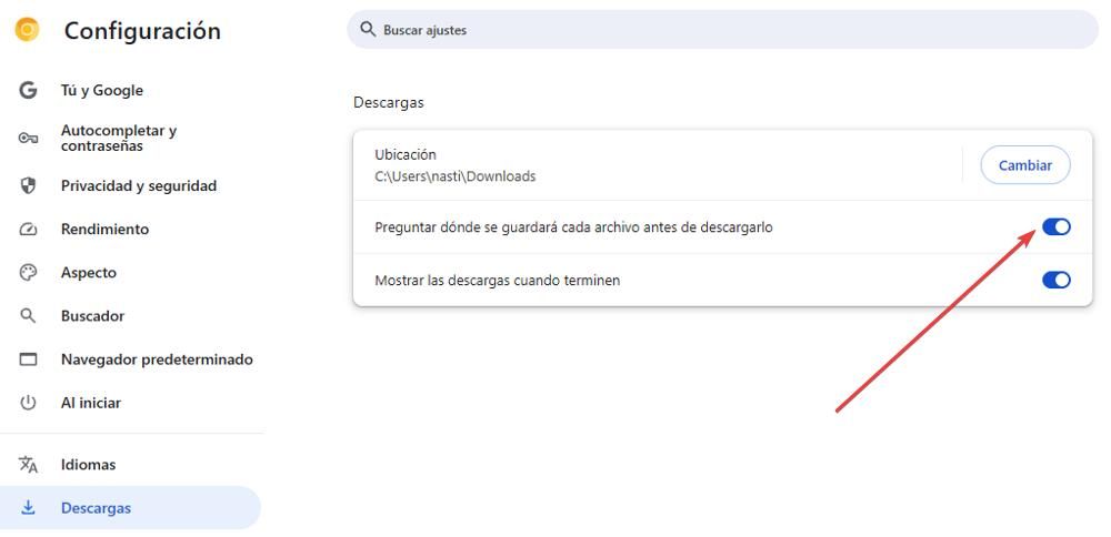Configuración de descargas en Chrome: Preguntar dónde se guardará cada archivo
